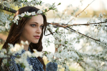 Poster - Pretty girl in the spring apple tree garden