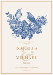 Poster -  Invitation with birds and flowers.