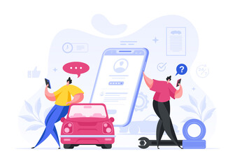 Poster - Colorful vector illustration of cartoon men asking and answering questions about car repair service while using modern mobile application on smartphones