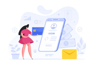Poster - Colorful vector illustration of flat cartoon female with credit card using convenient modern banking app on smartphone to transfer money