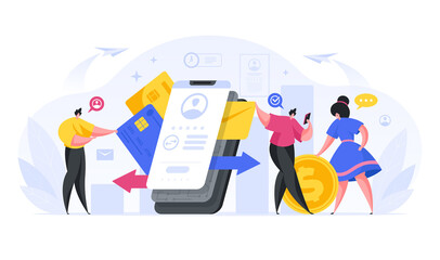 Poster - Colorful vector illustration of cartoon men and woman transferring money and sending messages to each other via modern app on smartphones