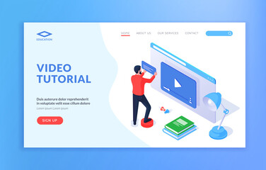 Poster - Video tutorial website banner template. Web page template with male cartoon character learning online through convenient service of video tutorial. Isometric vector illustration