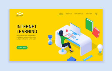 Poster - Internet learning concept. Landing page website banner template with woman at desk studying online for promotion of Internet learning course on yellow background. Isometric vector illustration