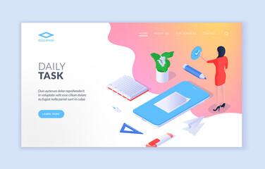 Poster - Daily tasks mobile application advertising landing page banner template. Vector isometric illustration with design of website offering information about daily task