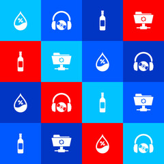 Wall Mural - Set Water drop percentage, Headphones and CD or DVD, Bottle of wine and FTP sync refresh icon. Vector