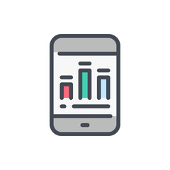  - Mobile phone with online statistics and analytics color line icon. Smartphone with chart vector outline colorful sign.