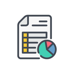 Fototapete - Financial document with pie chart color line icon. Business report, statistics and analytics vector outline colorful sign.