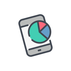  - Smartphone with pie chart color line icon. Mobile report and online statistics chart vector outline colorful sign.