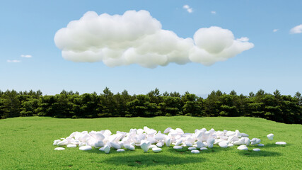 Conceptual White Heart drop on green grass under cloudy with forest background. 3D Rendering , minimal idea conceptual.