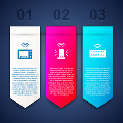 Sticker - Set Smart microwave oven, flasher siren and Wireless keyboard. Business infographic template. Vector