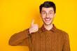 Photo of crazy excited adviser guy raise thumb up wear brown pullover isolated vibrant yellow background