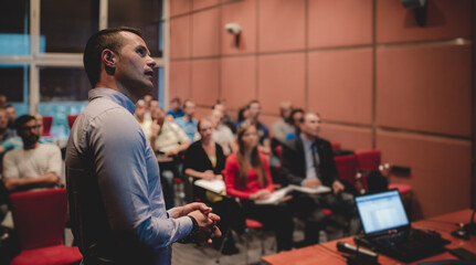 public speaker giving talk at business event.