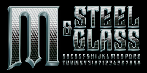 Sticker - Steel and Glass is an ornate 3d style alphabet with the effects of stainless steel and edges of glass. This font has a gothic, heavy metal, or steampunk quality, and would work well in logo design.