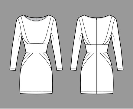 Dress panel tube technical fashion illustration with hourglass silhouette, long sleeves, fitted body, mini length skirt. Flat apparel front, back, white color style. Women, men, unisex CAD mockup