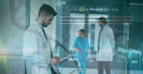 Poster - Composition of dna and medical data processing over smiling male doctor using tablet