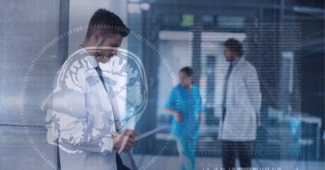 Poster - Composition of human brain and medical data processing over smiling male doctor using tablet