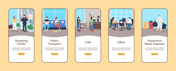 Poster - new normal for public spaces onboarding mobile app screen flat vector template. hazardous waste. wal