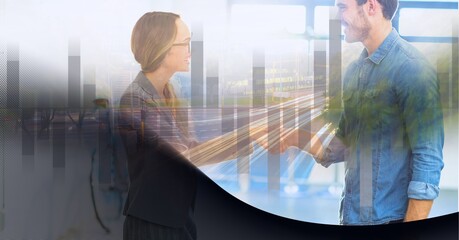 Poster - Statistical data processing over man and woman shaking hands against technology background
