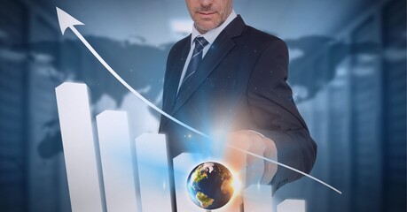 Poster - Composition of businessman touching interactive white statistics with arrow pointing up