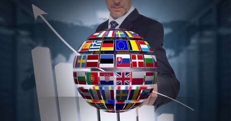 Poster - Composition of globe with national flags over businessman touching statistics with arrow pointing up