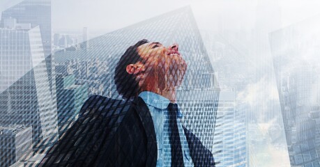 Poster - Composition of smiling businessman with financial data processing over modern cityscape