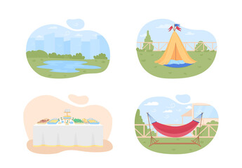 Poster - Planning summer holidays 2D vector web banner, poster set. Camping season flat objects on cartoon background. Hammock, wigwam. Lake vacation printable patch, colorful web element collection