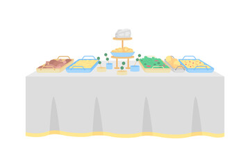 Poster - Buffet table for wedding reception flat color vector object. Hotel restaurant. Multiple hot, cold dishes. Table serving for party isolated cartoon illustration for web graphic design and animation