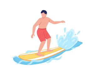 Poster - Surfer flat color vector faceless character. Man riding surfboard. Summer recreational activity. Extreme water sport isolated cartoon illustration for web graphic design and animation