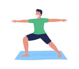 Poster - Man in mask practicing yoga flat color vector faceless character. Fitness for healthy lifestyle during pandemic. Meditation isolated cartoon illustration for web graphic design and animation