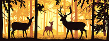 Horizontal Banner Of Forest Landscape. Deer With Doe And Fawn In Magic Misty Forest. Squirrel On Branch. Silhouettes Of Trees And Animals. Black And Orange Background, Illustration. Bookmark.