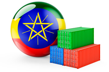 Wall Mural - Cargo containers with Ethiopian flag. Freight shipping in Ethiopia, 3D rendering