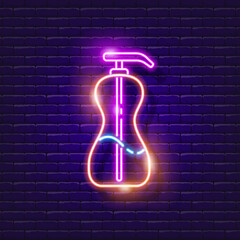 Poster - Bottle with dispenser for liquid soap neon icon. Vector illustration for design. Liquid container glowing sign. Dishwashing liquid sign. Hygiene concept.