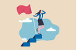© Nuthawut - Success female entrepreneur, woman leadership or challenge and achievement concept, success businesswoman on top of career staircase holding winning flag looking for future visionary.