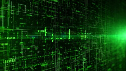 Fototapete - Green digital cyberspace with particles futuristic technology concept, Digital data matrix flowing and lighting, High speed internet connection data analysis process motion abstract background.