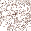 Hand draw cute doodle outline monsters group with dark brown line on white background.