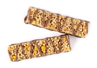 Two chocolate covered granola bars, muesli snack isolated on white background, top view