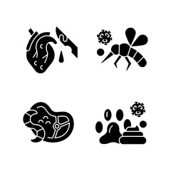 Sticker - Biological waste black glyph icons set on white space. Animal waste that pollutes environment. Parasites spreading dangerous diseases and illnesses. Silhouette symbols. Vector isolated illustration