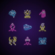 Cyberpunk Attributes Neon Light Icons Set. Bionic Limb. Science Fiction. Futuristic Technology. Cyborg Body Augmentation. Signs With Outer Glowing Effect. Vector Isolated RGB Color Illustrations