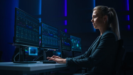 Aufkleber - Confident Female Data Scientist Works on Personal Computer in Big Infrastructure Control Room. Stock Market Woman Specialist Uses Computer Showing Graphs, Charts, Information. Monitoring Room Team