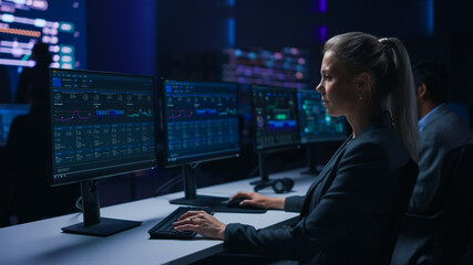 Aufkleber - Confident Female Data Scientist Works on Personal Computer in Big Infrastructure Control Room. Team of Stock Market Specialist Use Computers Showing Global Map, Graphs, Charts, Information