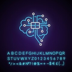 Sticker - Brain microcircuit neon light icon. Innovative technology. Machine learning, AI. Outer glowing effect. Sign with alphabet, numbers and symbols. Vector isolated RGB color illustration