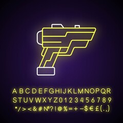 Poster - Laser weapon neon light icon. Ray gun. Beam pistol. Dystopian war. Cyberpunk movie, sci fi game. Outer glowing effect. Sign with alphabet, numbers and symbols. Vector isolated RGB color illustration