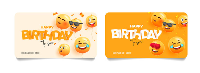 Wall Mural - Set of company greeting cards for Birthday with yellow smiling faces as 3d balloons, happy and laughing expressions