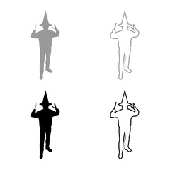 Sticker - Wizard holds magic wand trick Waving Sorcery concept Magician Sorcerer Fantasy person Warlock man in robe with magical stick Witchcraft in hat mantle Mage conjure Mystery idea Enchantment silhouette 