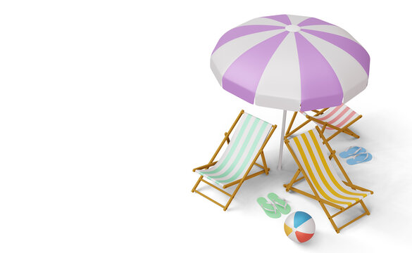 Beach chairs and umbrellas with beach ball, summer season, summer template 3d rendering