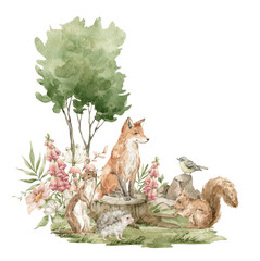 watercolor forest landscape. trees, field, stump, fir-trees, wild animals. red fox, bird, weasel, sq