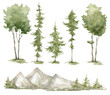 Watercolor set with trees, mountains, fir-trees. Pine, spruce, aspen, hills. Forest elements for landscape