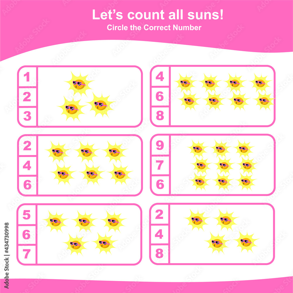 Counting suns game for Preschool Children. This worksheet is suitable ...