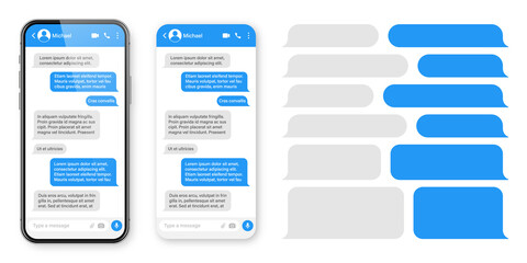 Realistic smartphone with messaging app. Blank SMS text frame. Messenger chat screen with blue message bubbles. Social media application. Vector illustration.