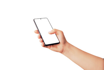 Poster - Phone in woman hand with thumb on isolated screen. Concept of using a mobile app for design presentation